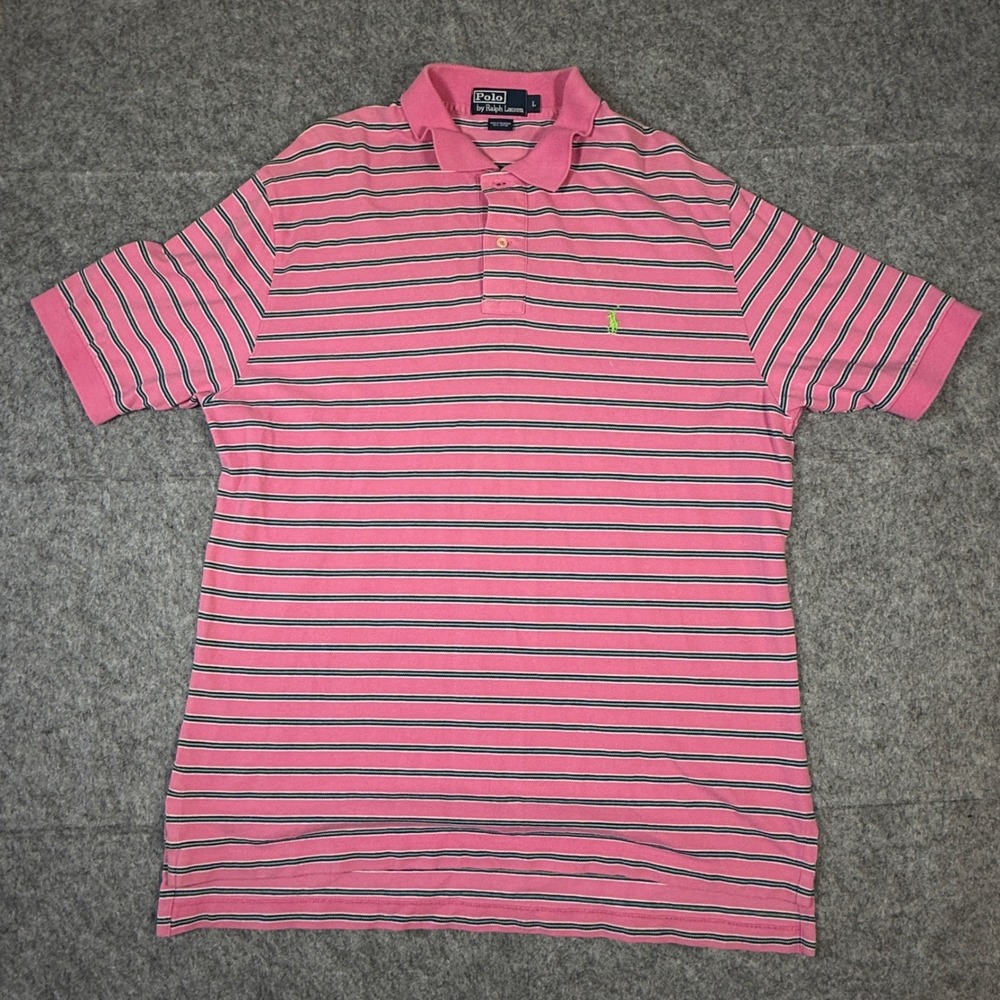 Polo Ralph Lauren Polo Shirt Mens Large Pink Striped Short Sleeve Cotton Pony